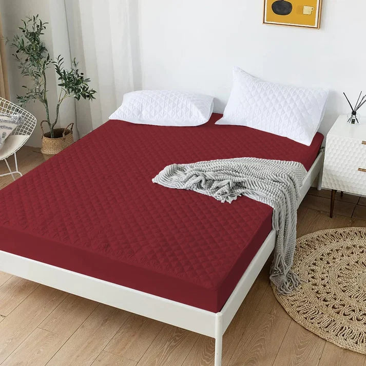 Cotton Quilted Waterproof Mattress Cover | Maroon Color | for Kids Adults, Washable Hypoallergenic Mattresses cover Fit Up To 6-12 inch Deep Pocket Queen & King Size