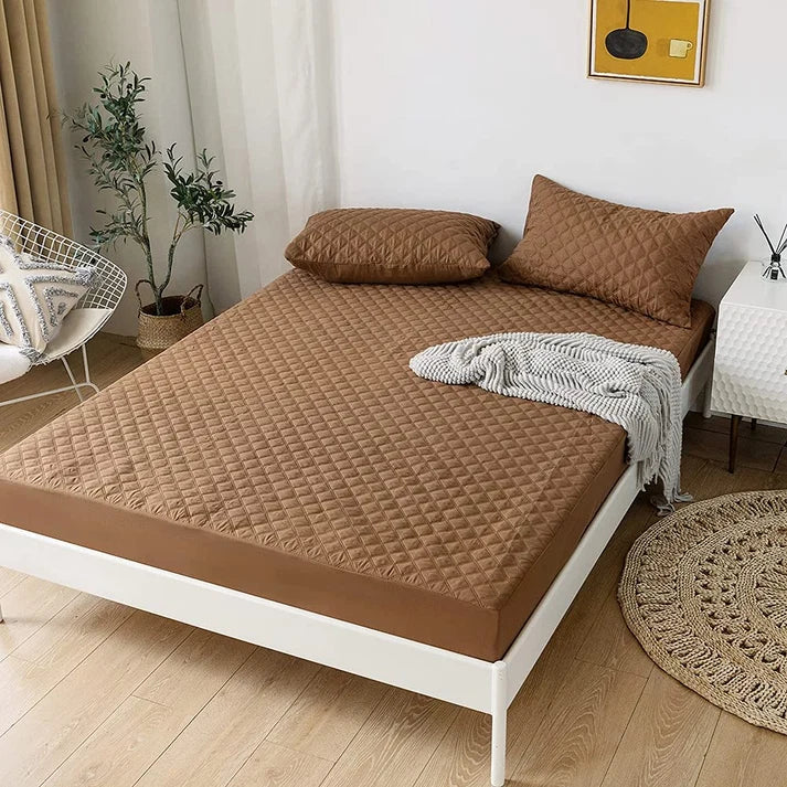 Cotton Quilted Waterproof Mattress Cover | Brown Color | for Kids Adults, Washable Hypoallergenic Mattresses cover Fit Up To 6-12 inch Deep Pocket Queen & King Size