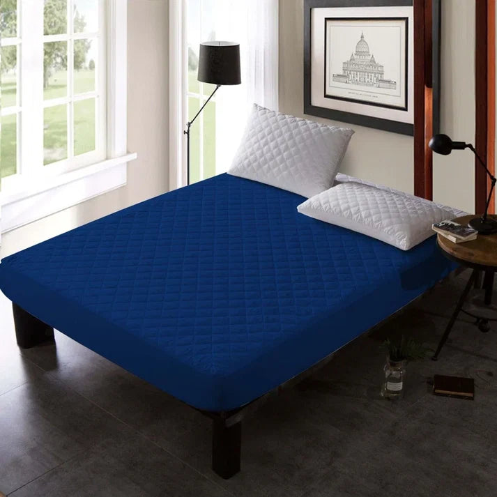 Cotton Quilted Waterproof Mattress Cover | Blue Color | for Kids Adults, Washable Hypoallergenic Mattresses cover Fit Up To 6-12 inch Deep Pocket Queen & King Size
