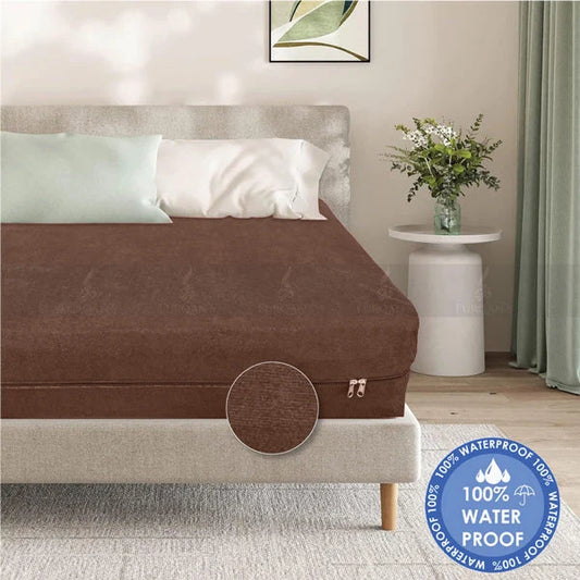 Terry Cotton Waterproof Mattress Zipper | Brown Color - 100% Waterproof-Cotton Terry Fabric Mattress Pad Cover Encasement – Six-Sided Enhanced Protection